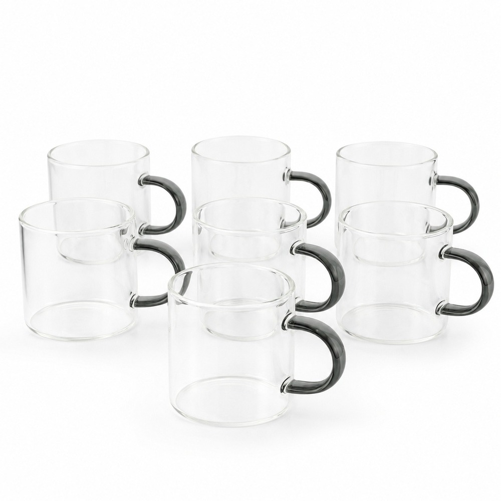Set of 6‎ Clear Glass Espresso Cups with Gray Handles Modern Coffee Tea Mugs - Picture 2 of 3